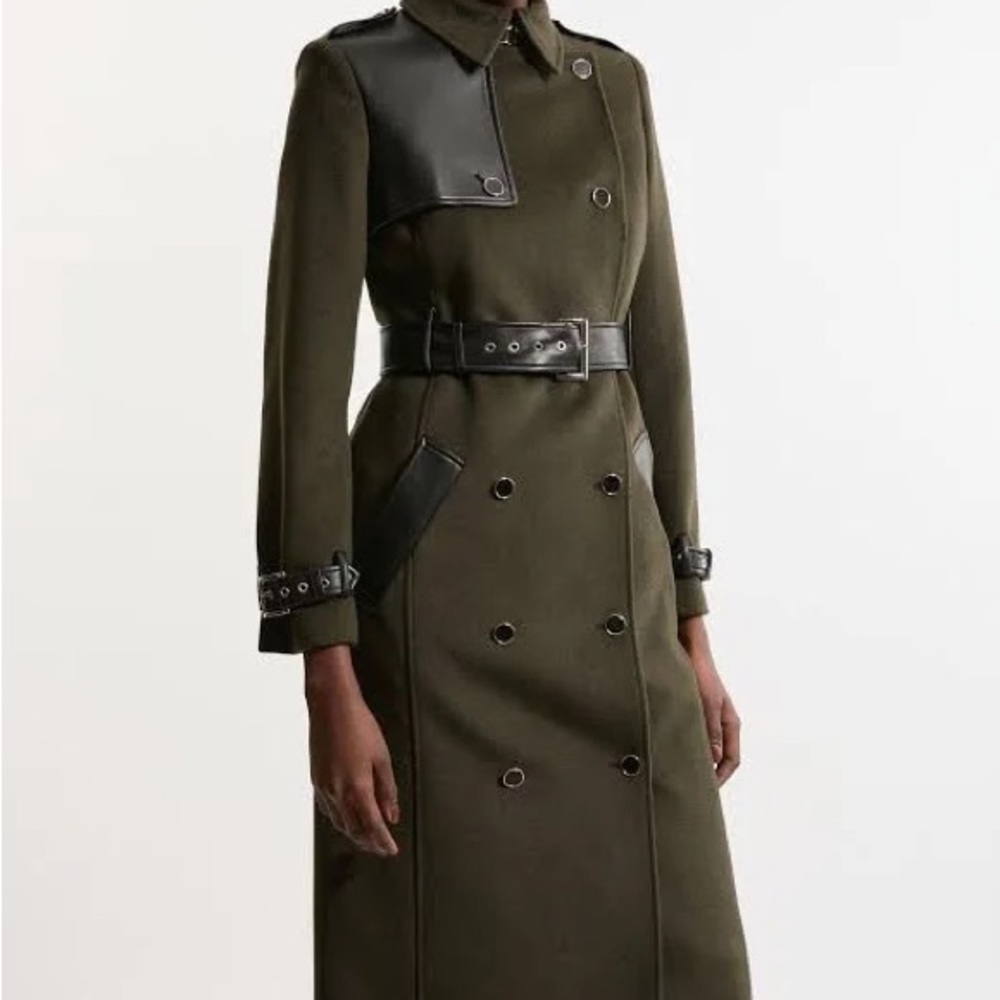 Petite Wool Blend Pu Trim Belted Tailored Coat